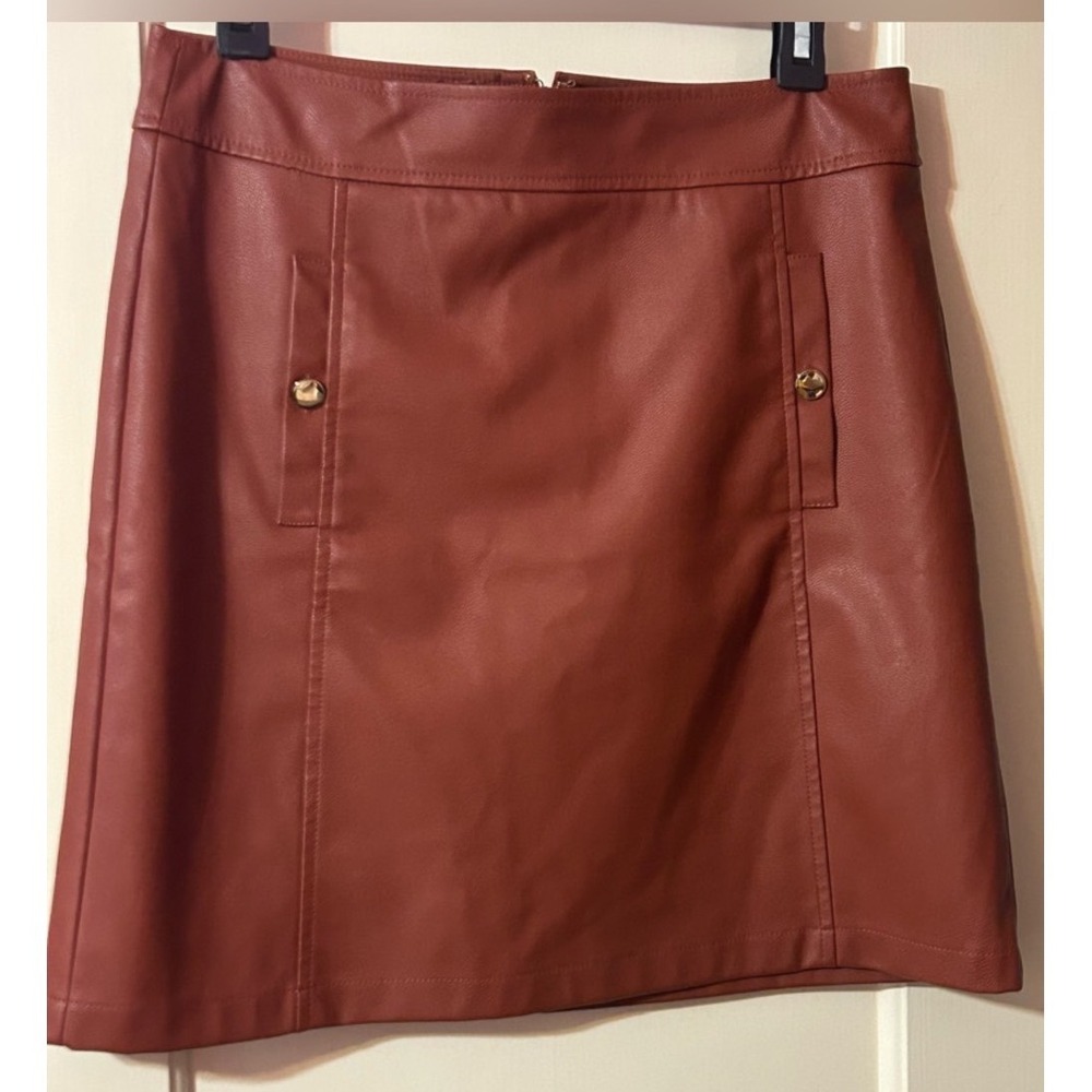 LOFT Reddish Brown Faux Leather A-Line Miniβ Skirt Button Zip Solid Size 6